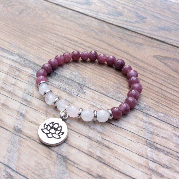 Lepidolite & Rose Quartz bracelet with Lotus charm, crystal healing - Picture 4 of 9